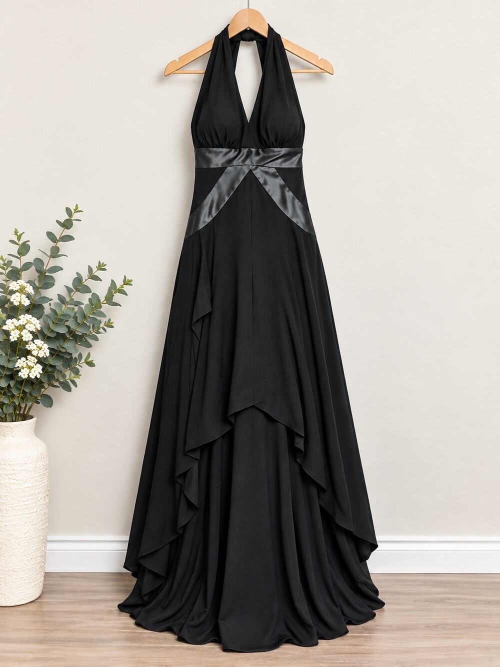 Morgan & Co Black Halter Evening Gown Formal Dress Satin Trim Open Back Size 10